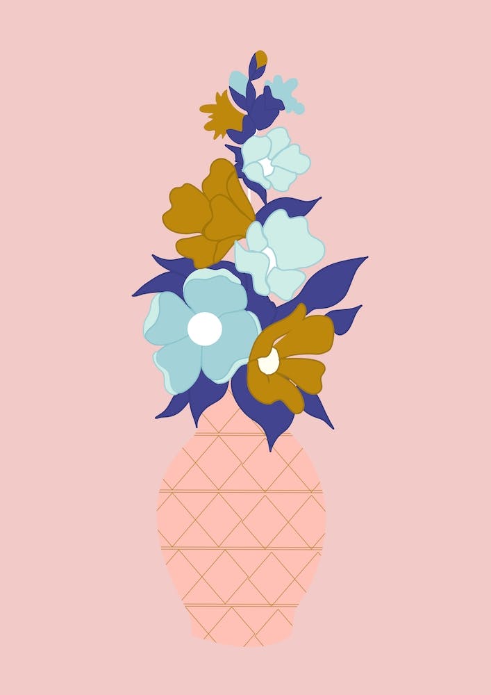 Blue And Gold Flowers In A Pink Vase 2