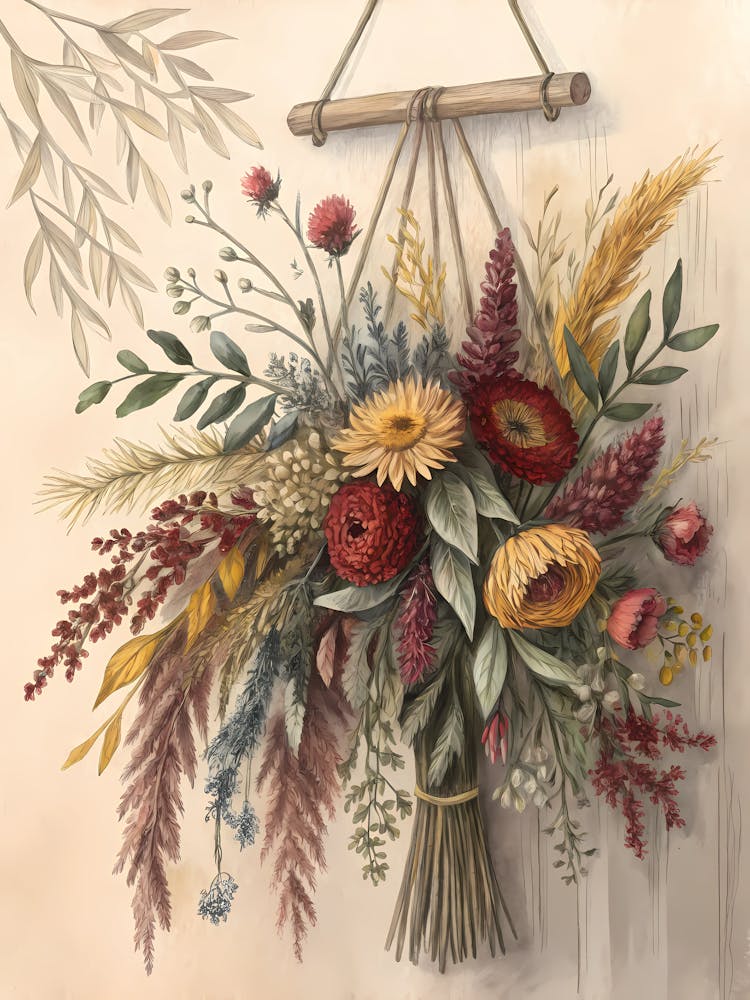 Oil Painting Style Dried Floral Wall Hanging Sketch