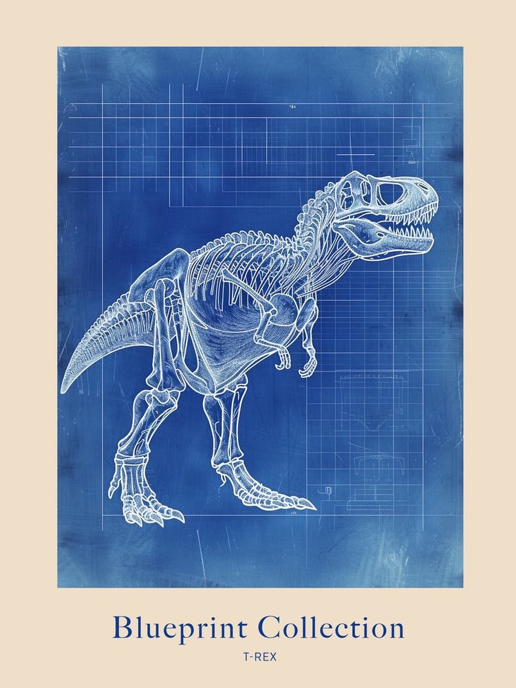T Rex Skeleton Blue Print Inspired Poster
