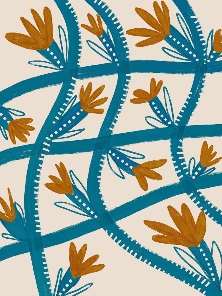 Modern Abstract Floral Pattern: Flowing Teal & Golden Flower