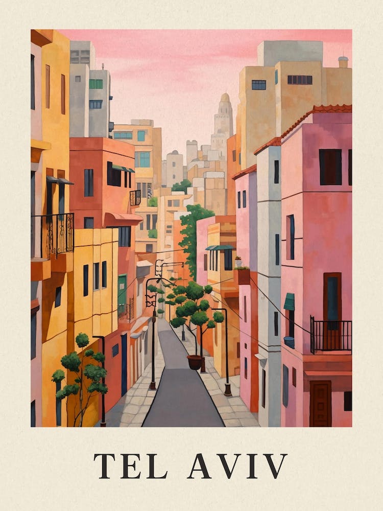 Tel Aviv Israel 8 Vintage Pink Travel Illustration Poster