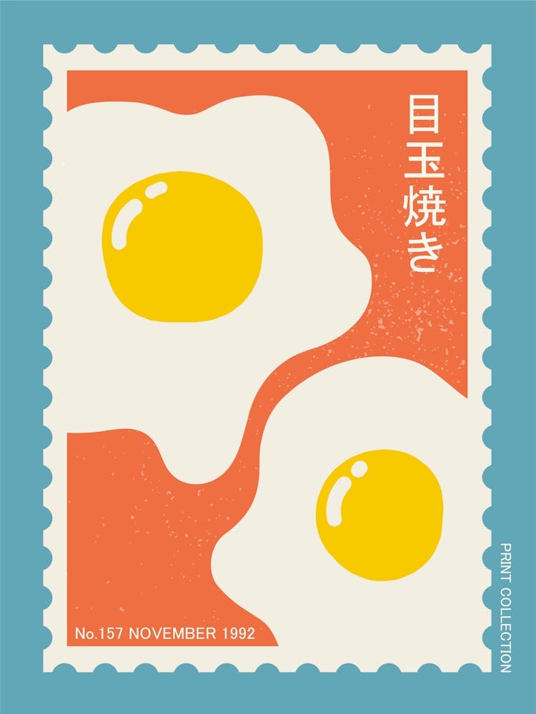 Fried egg, Cute japanese poster, Retro 90s stamp, Food art