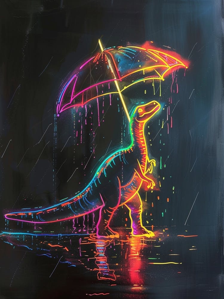 Neon Dinosaur With Umbrella In The Rain 3