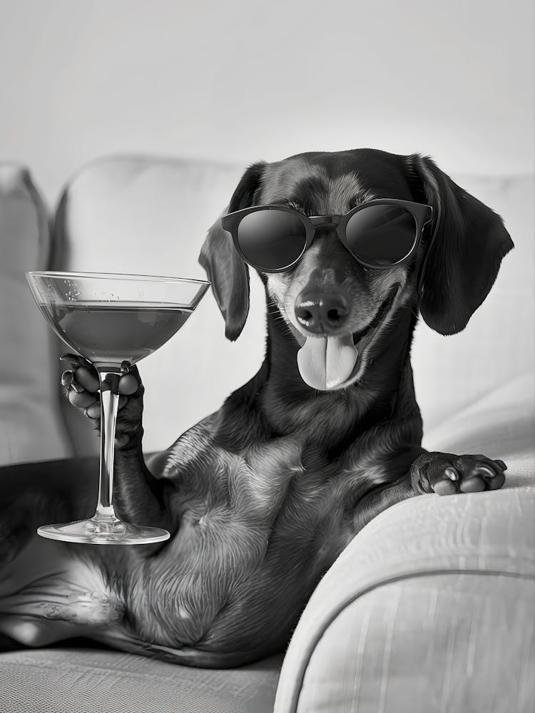Dachshund Holding A Cocktail Wall Art, Black And White Print, Dachshund Gift, Martini Alcohol Print, Funny Dog Poster, Bar Cart Decor