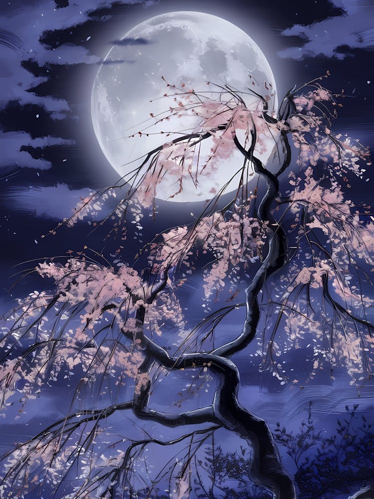 Full Moon And Cherry Blossoms