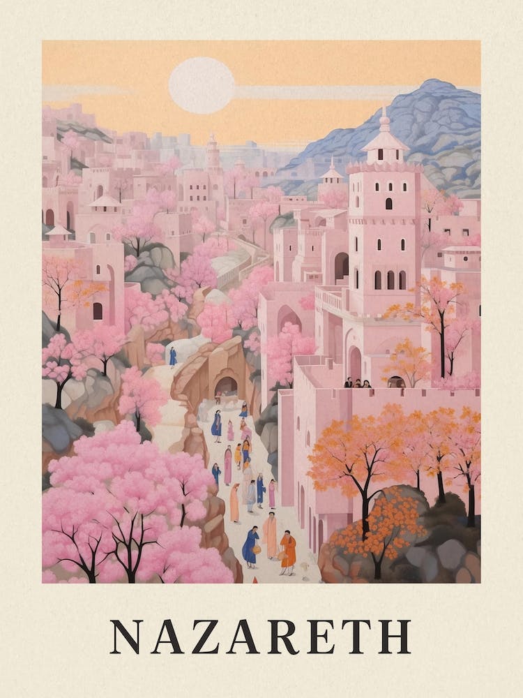 Nazareth Israel 4 Vintage Pink Travel Illustration Poster