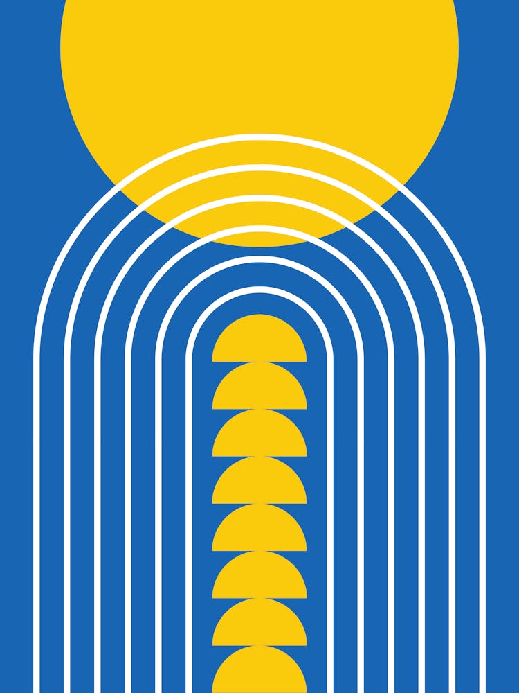 Modernes Mid-Century Gateway Sonne Regenbogen 10 in Gelb Französischblau 01