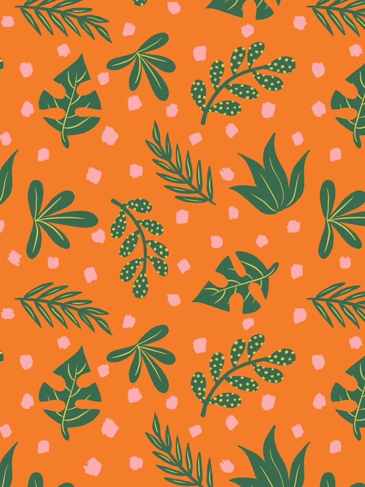 Scattered Retro Green Tropical Leaves and Peach Polka Dots on Orange