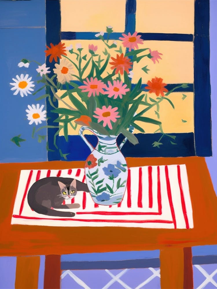 A Painting Of A Still Life Of A Aster With A Cat In The Style Of Matisse 2