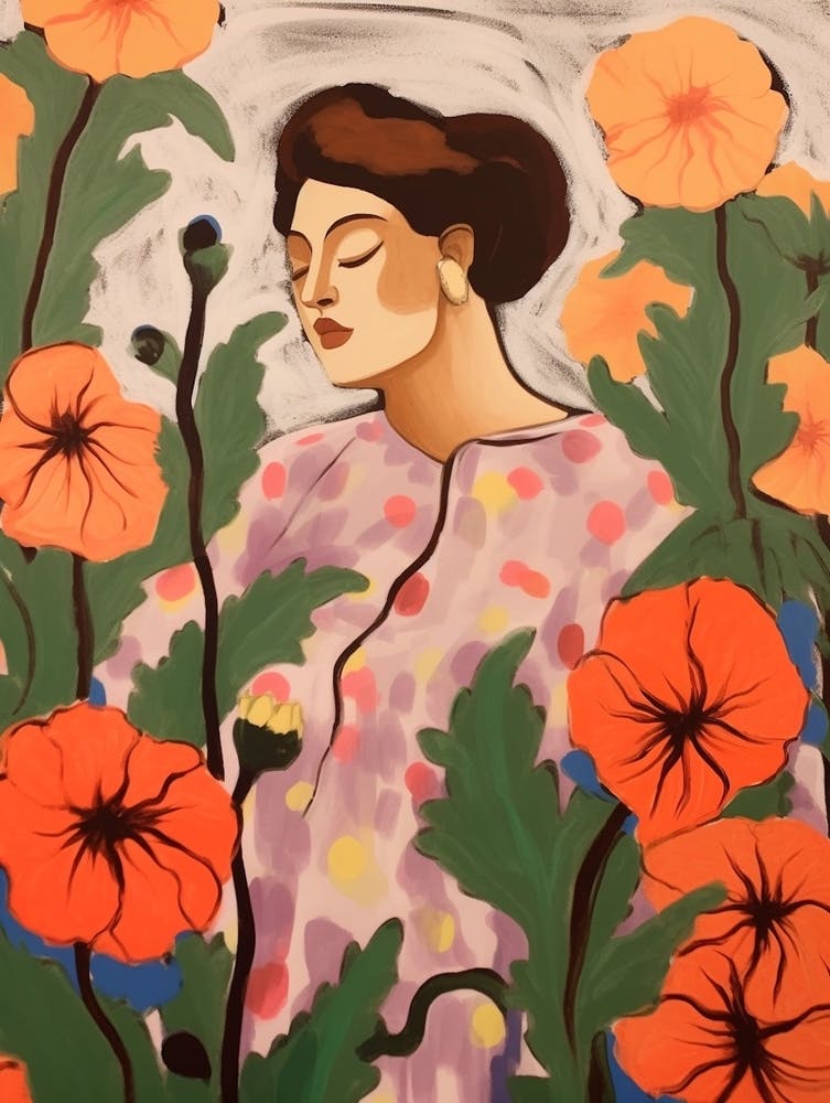 Woman With Autumnal Flowers Hollyhock 2