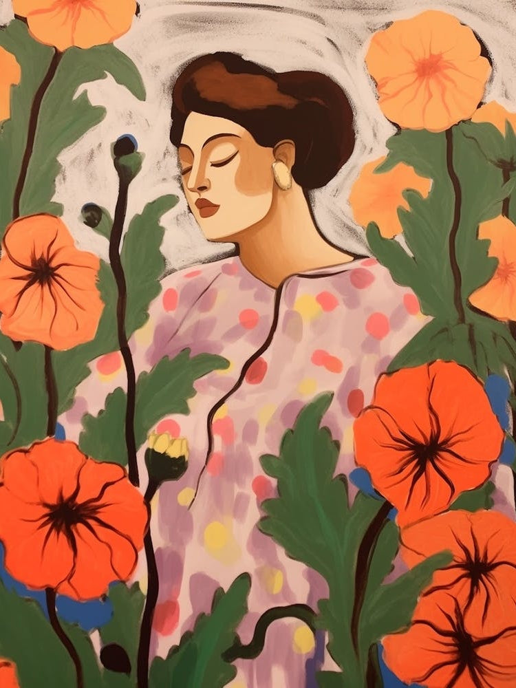 Woman With Autumnal Flowers Hollyhock 2