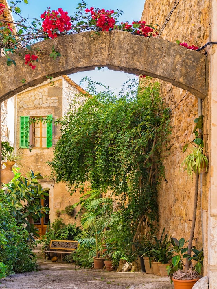 Mediterranean patio at beautiful spain village Valldemossa on Mallorca island, Spain