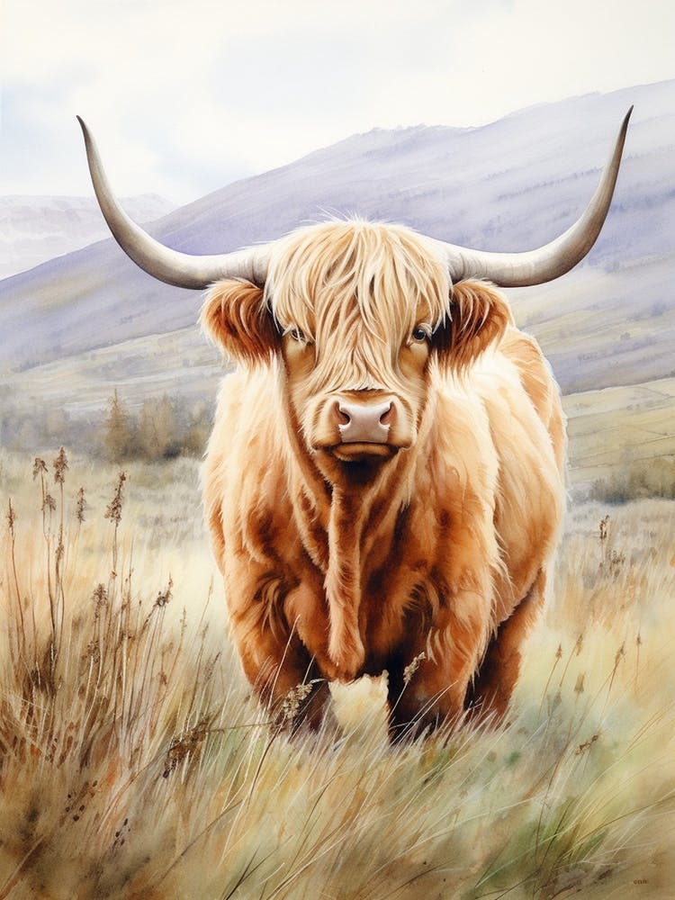 Curious Highland Cow In Field With Rolling Hills Watercolour 1