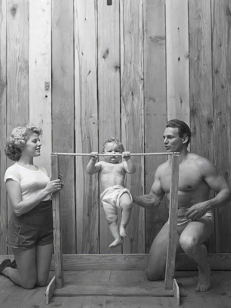 Baby Doing Pullups Wall Art, Bodybuilder Family Poster, Funny Wall Art, Black And White Print, Vintage Wall Art, Retro Wall Decor, Gym Decor