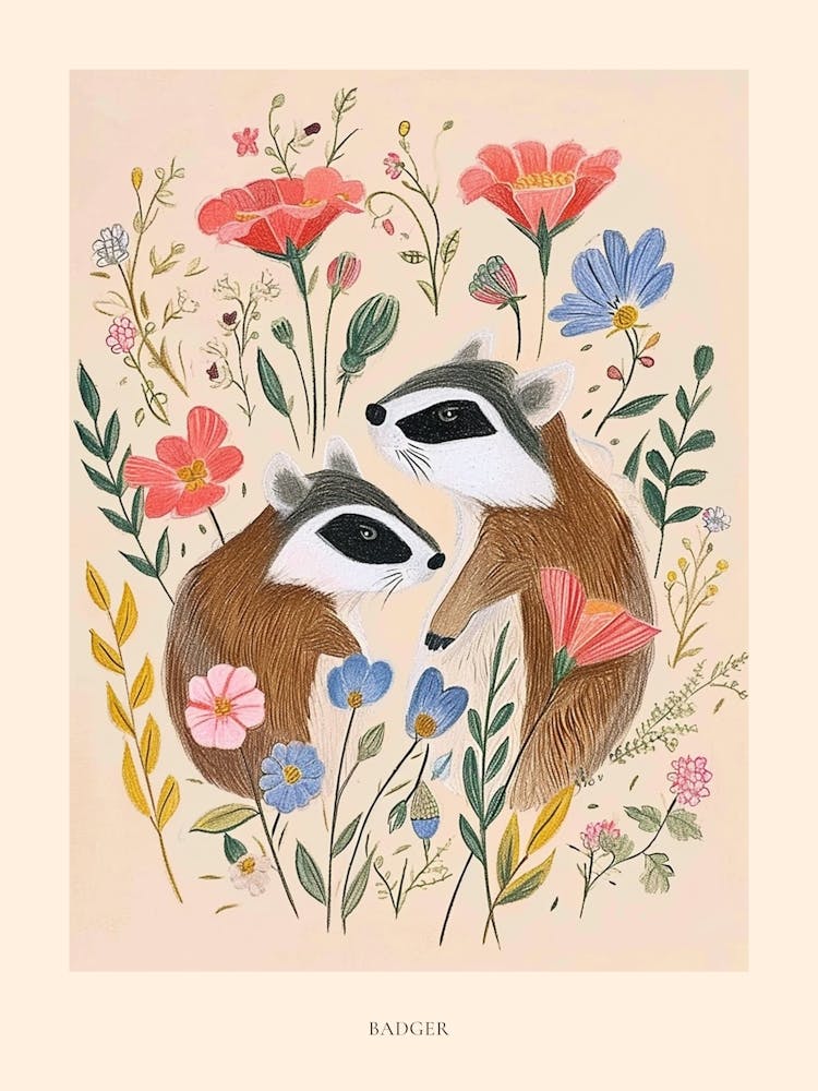 Folksy Floral Animal Drawing Badger Poster