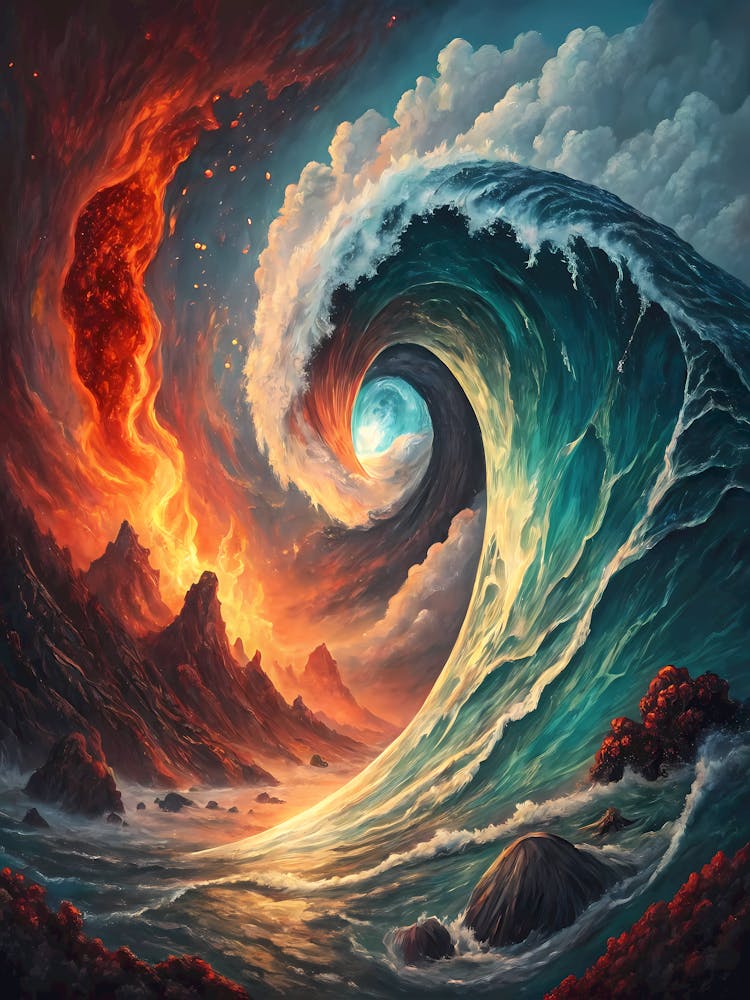 Oil Painting Style Yin Yang Balance Fire & Water Ocean Collision