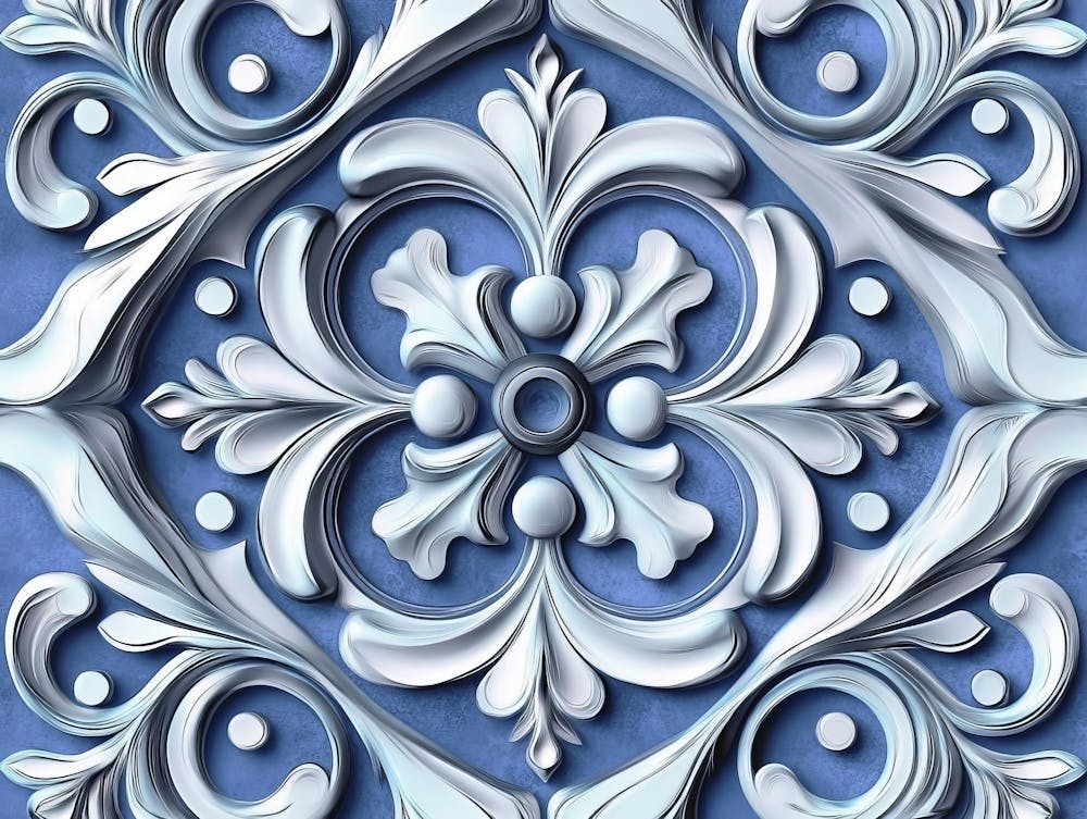 Sculpture en Relief Sans Couture Motif Rétro Spirale Bleue Courbe Croix Point Ligne Cadre Plante Fleur