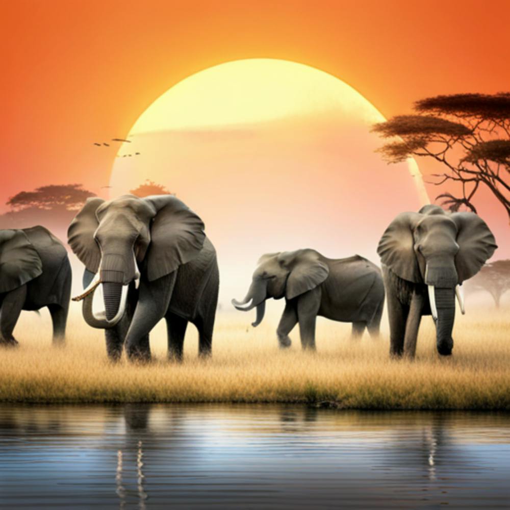 Elephants At Sunset