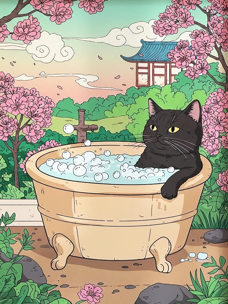 Bathroom Cat In Bathtub Wall Art, Funny Poster, Japanese Bathroom Decor, Japandi Wall Art, Japanese Cat Print, Digital Maximalist Cat Art
