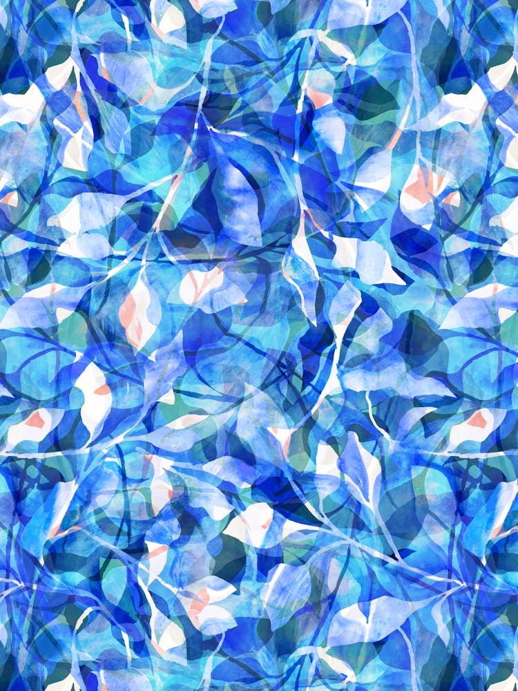 Watercolour Painted Foliage - Cobalt