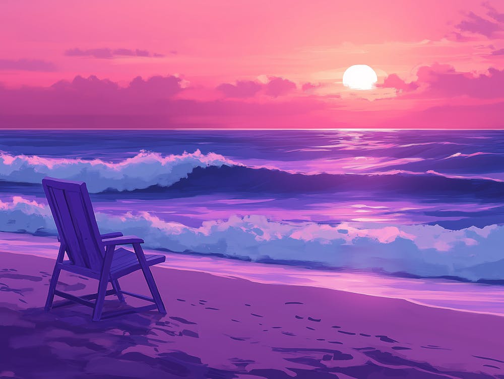 Beach With Waves, Sunset, And Purple And Pink Colors