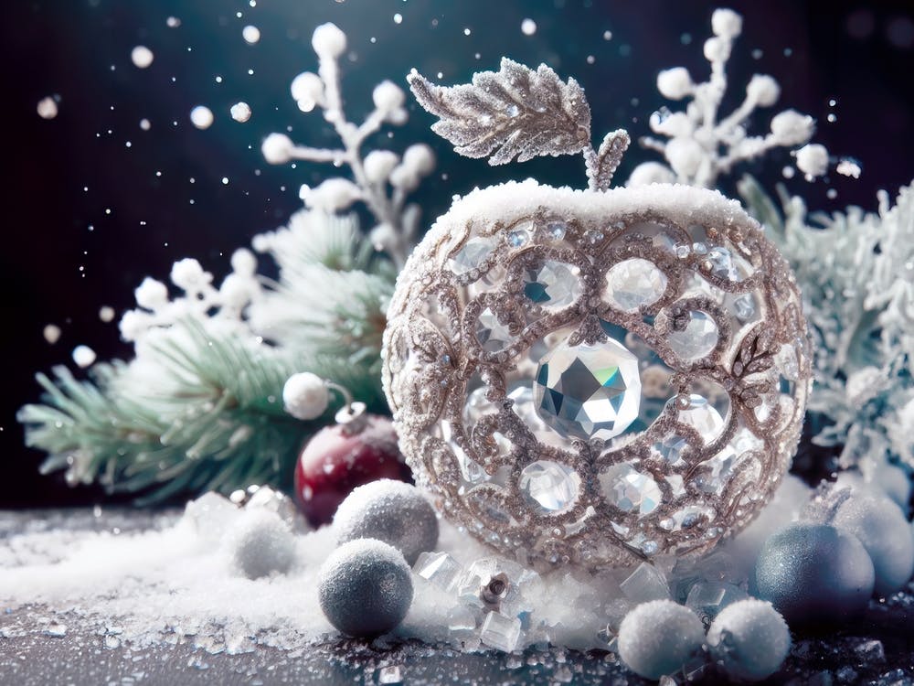 Crystal Apple covered with snow, winter theme