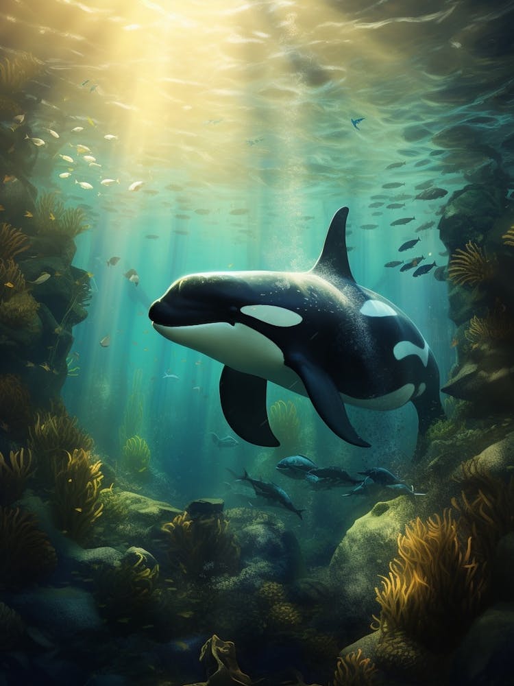 Realistic Orca Whale With Fish And Aqua Marine Plants