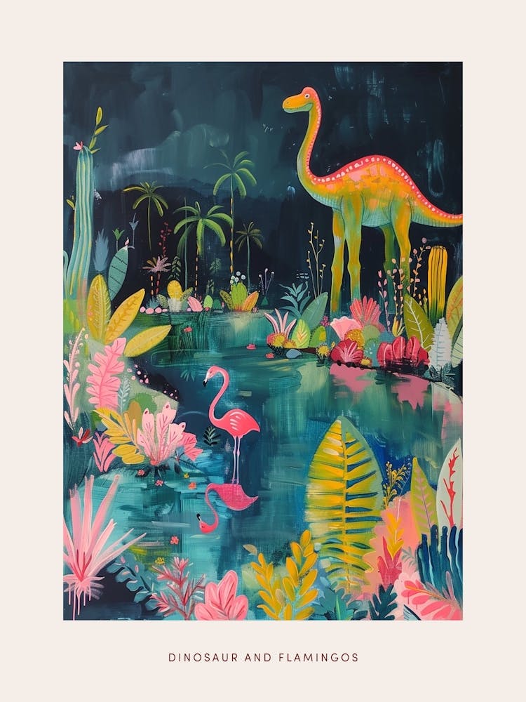 Dinosaur With The Flamingos Painting 1 Poster