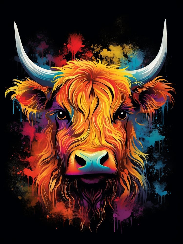 Black Paint Splash Colourful Of Highland Cow