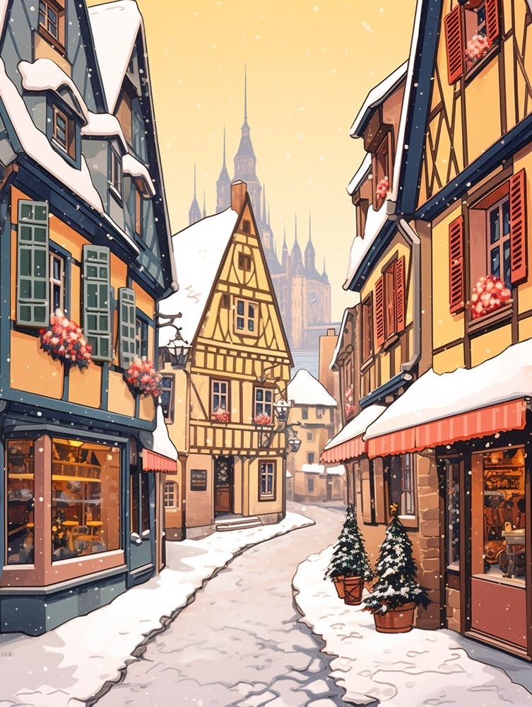 Vintage Winter Travel Illustration Colmar France 2