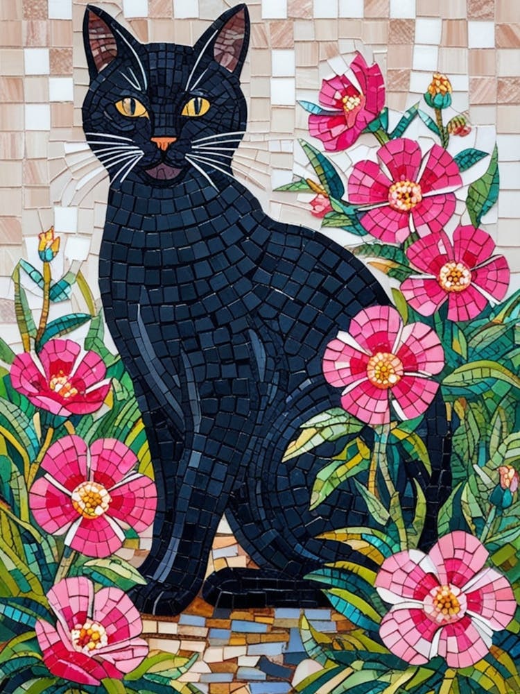 Black Cat With Pink Roses 2