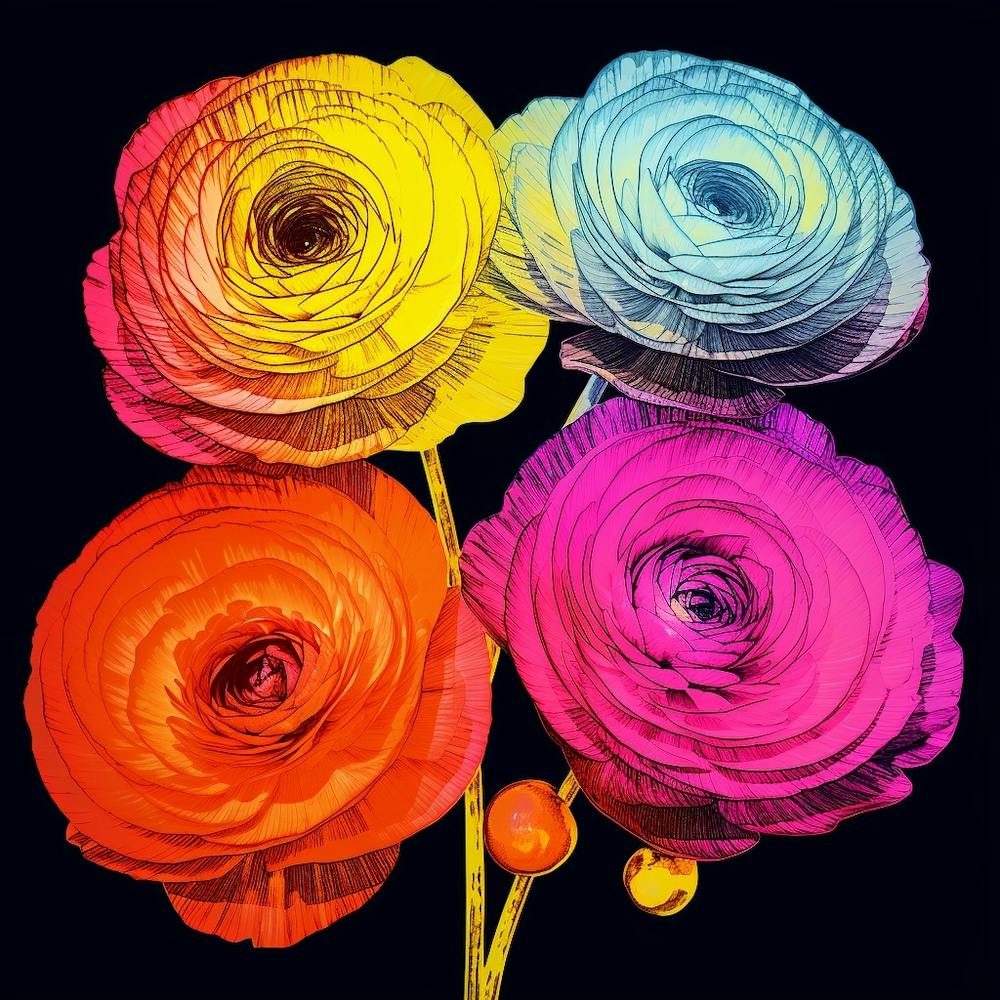 Andy Warhol Style Pop Art Flowers Ranunculus 2 Square