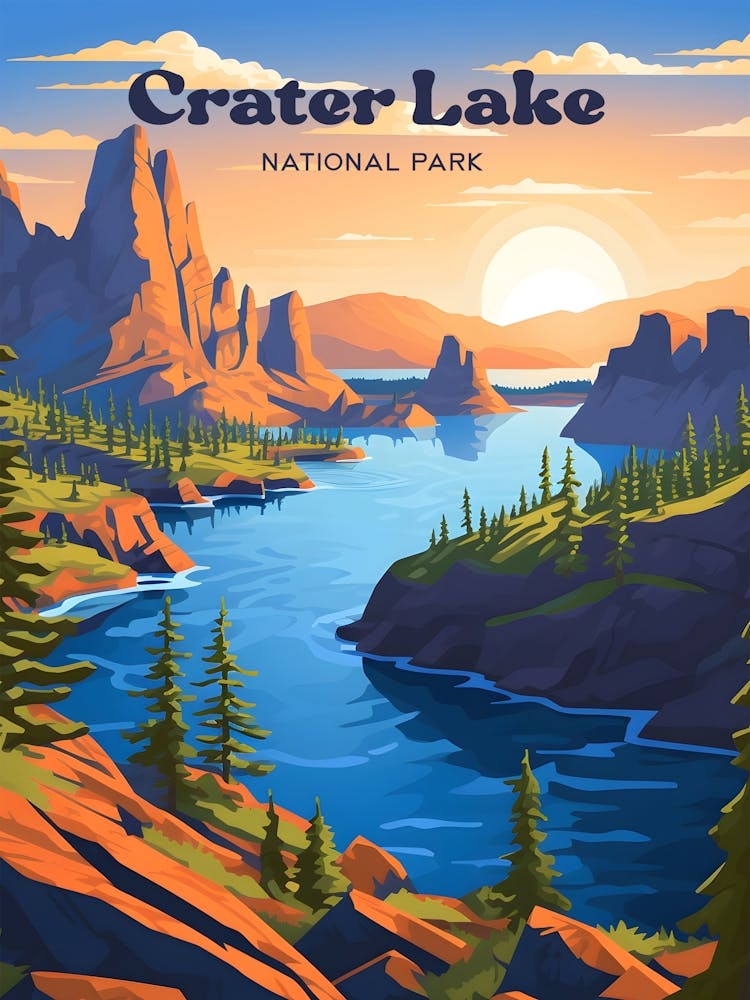 Crater Lake Oregon USA Nature Travel Art Illustration