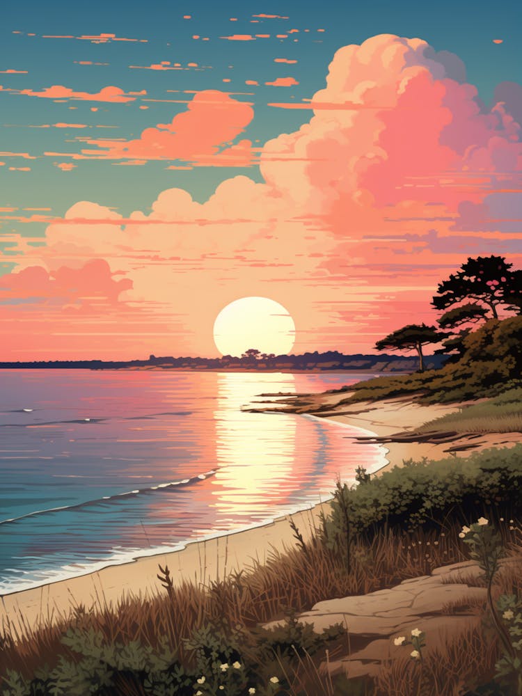 Illustration Of Hammonasset Beach Connecticut In Pink Tones 4