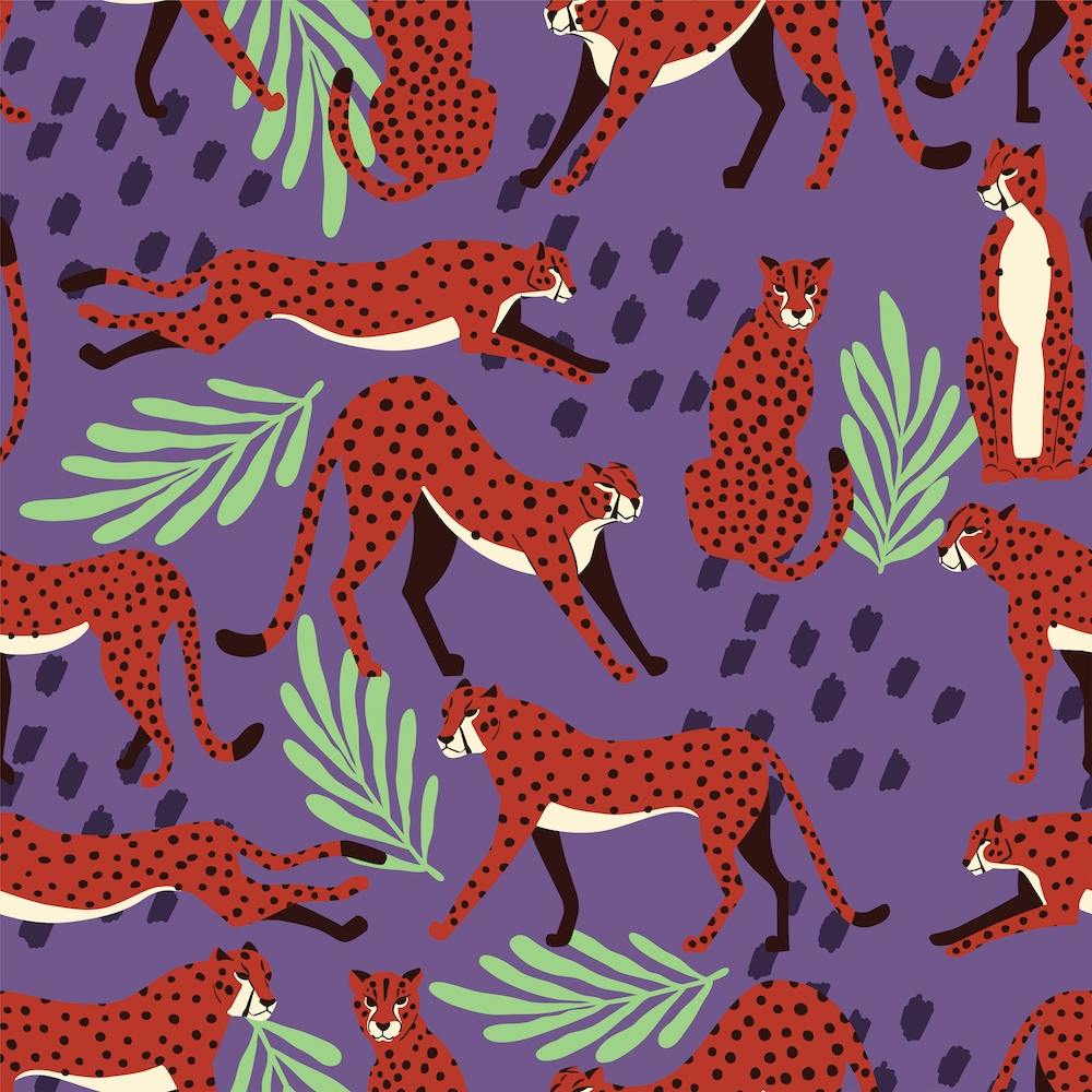 Tropical Cheetah Pattern On Purple With Florals And Decoration Square