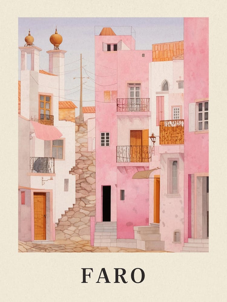 Faro Portugal 5 Vintage Pink Travel Illustration Poster
