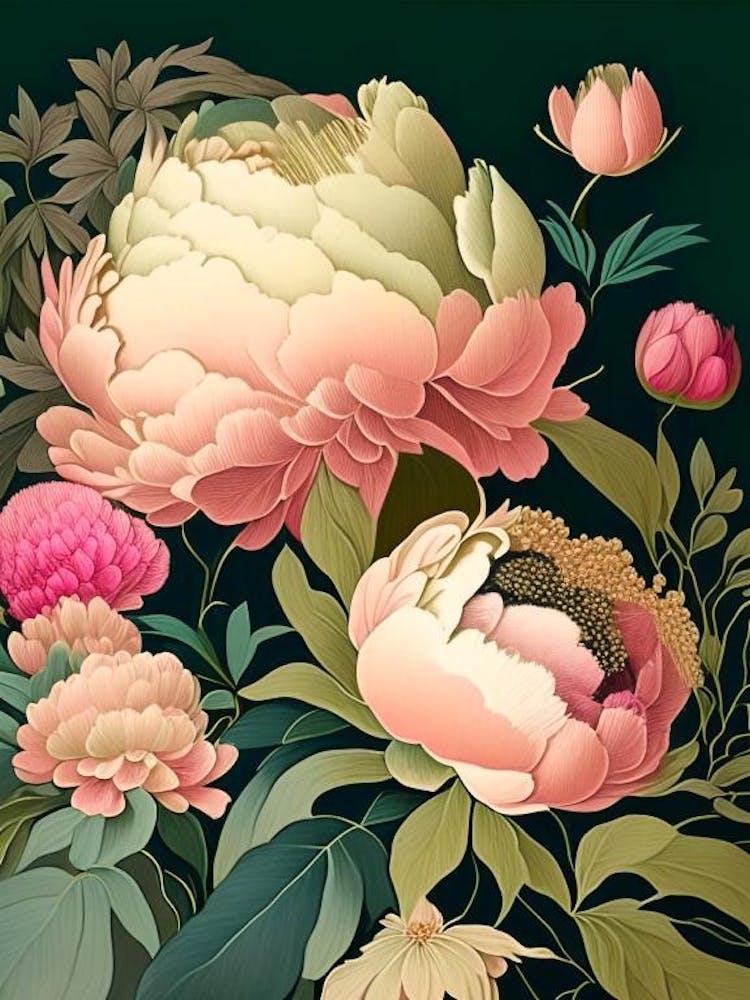 Borders And Edges Peonies 3 Colourful Vintage Sketch