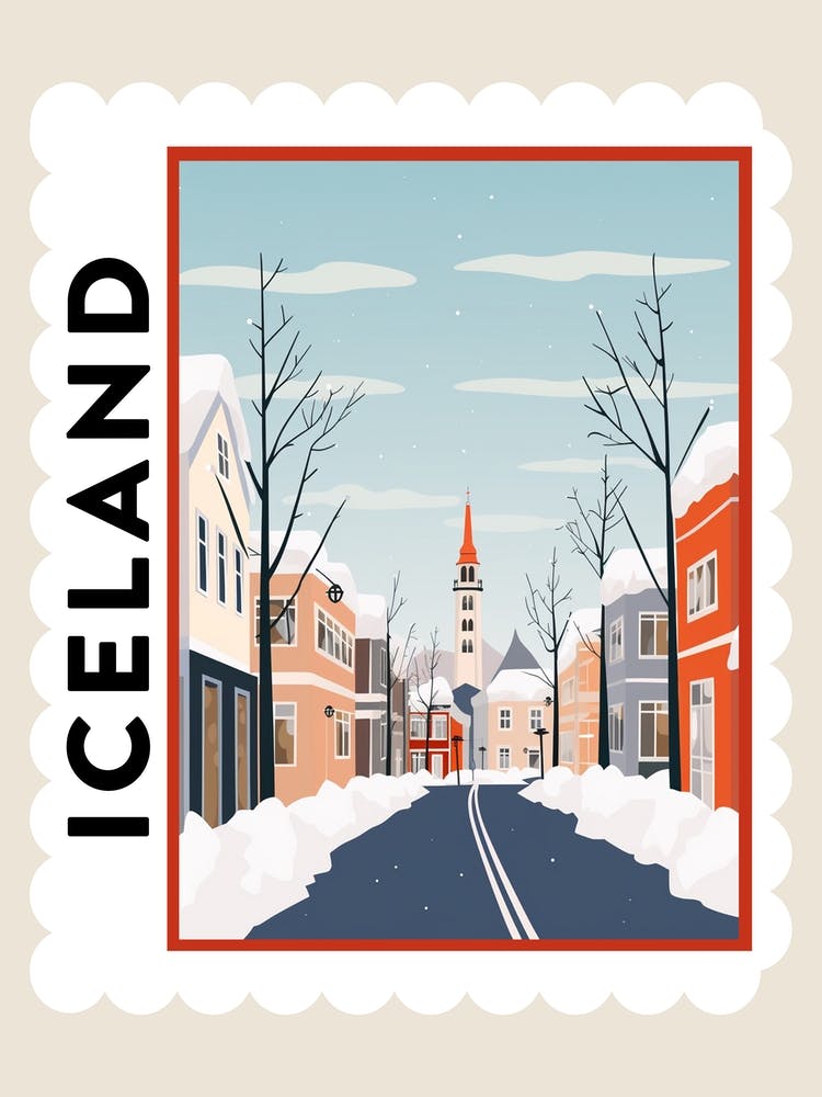 Retro Winter Stamp Poster Reykjavik Iceland 1