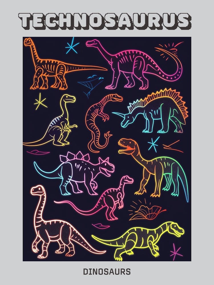 Dinosaur Neon Pattern Poster