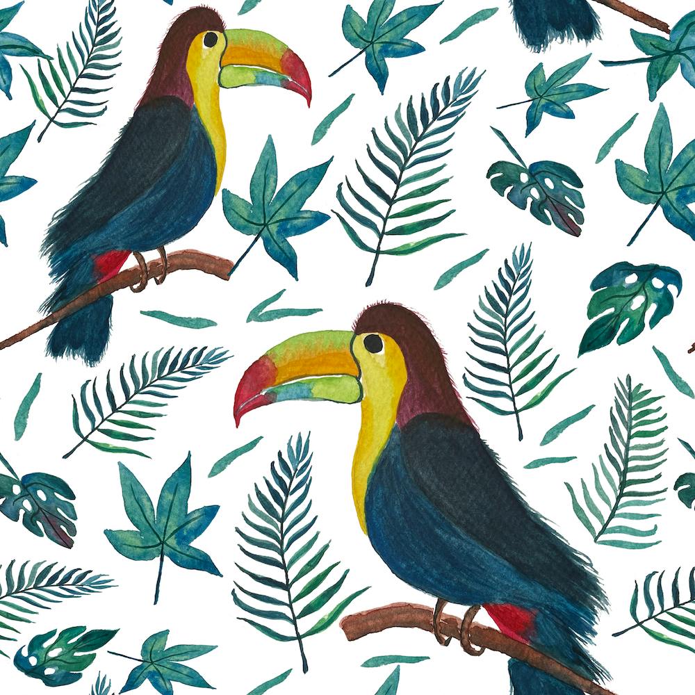 Toucans And Tropical Leaves Seamless Pattern