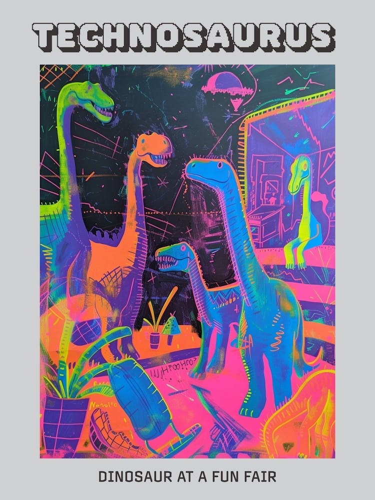 Abstract Neon Dinosaur At A Fun Fair Poster