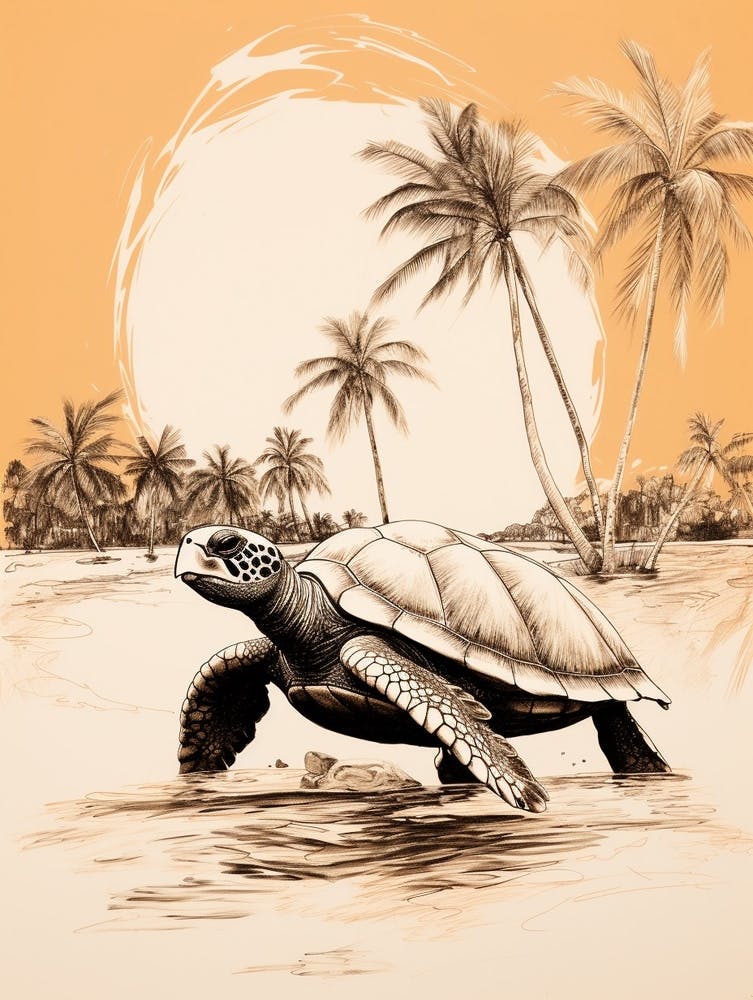 Warm Tones Of Sea Turtle With Palm Trees