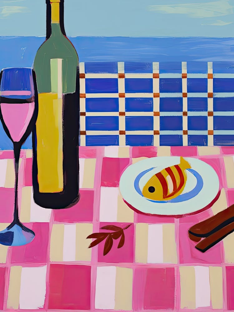 Gemälde eines Tisches mit Speisen und Wein, Blick auf die Französische Riviera, Kariertes Tuch, Matisse-Stil 11