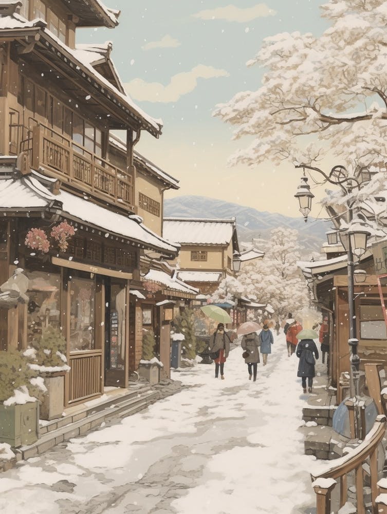 Vintage Winter Illustration Kyoto Japan 1