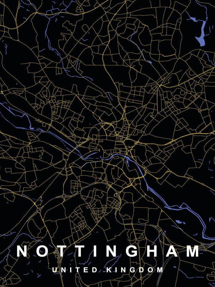 Nottingham City Map Black and Gold