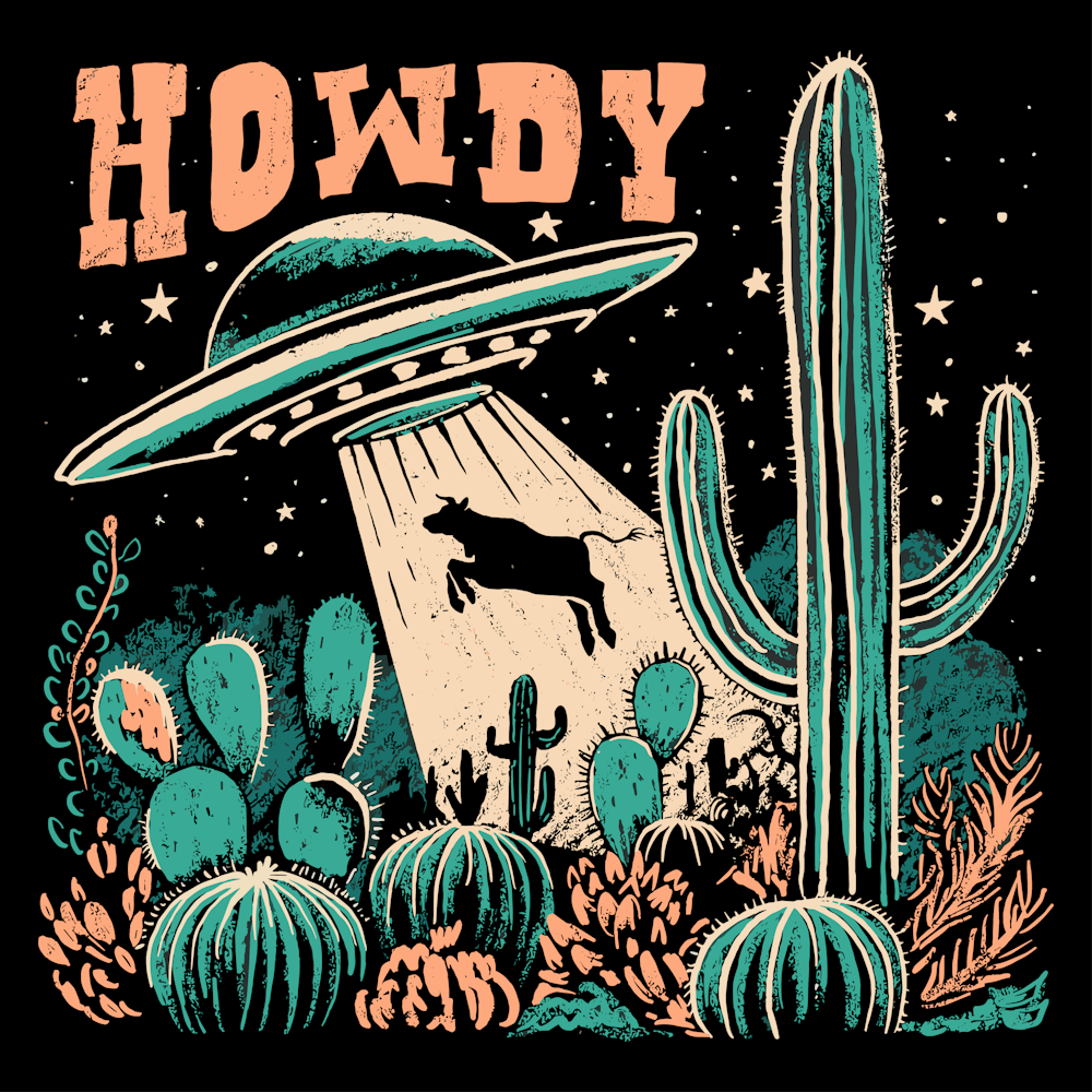 Howdy Western USA America Cowboy UFO Cow Alien Abduction