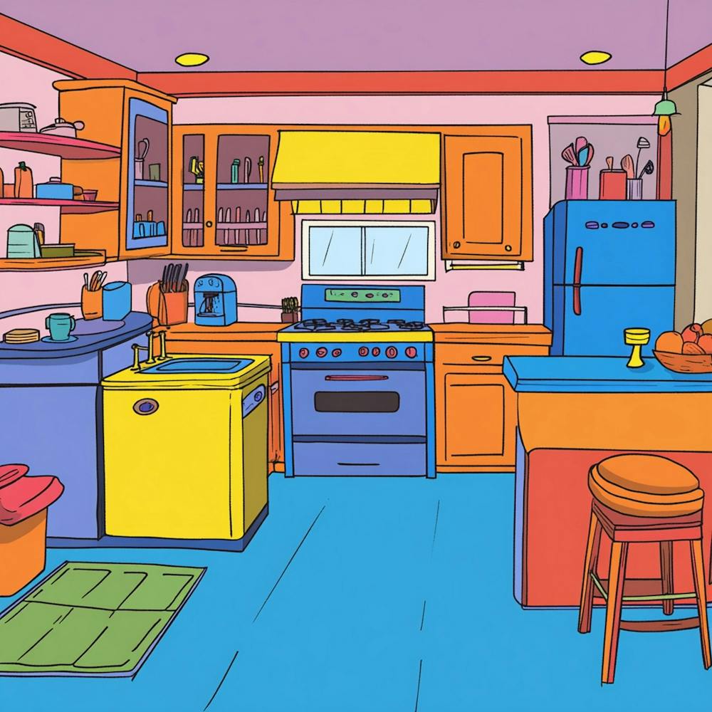 A Cartoon Kitchen In The Style Of Fairly Odd