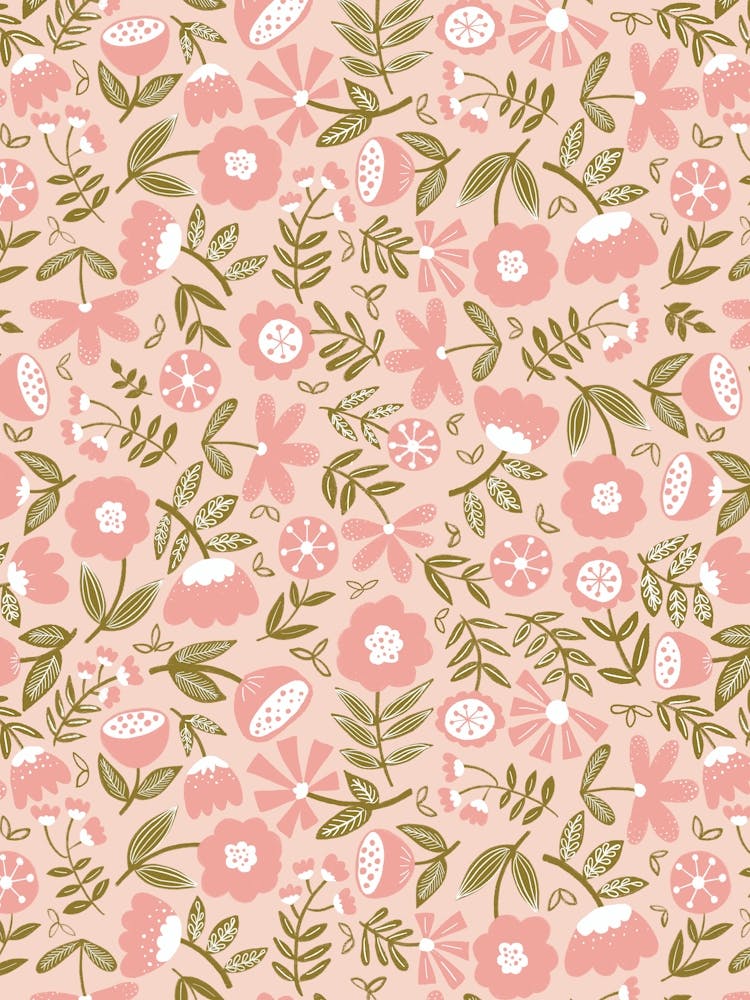 Cute Soft Scattered Scandi Florals Peach, Pink, Moss Green