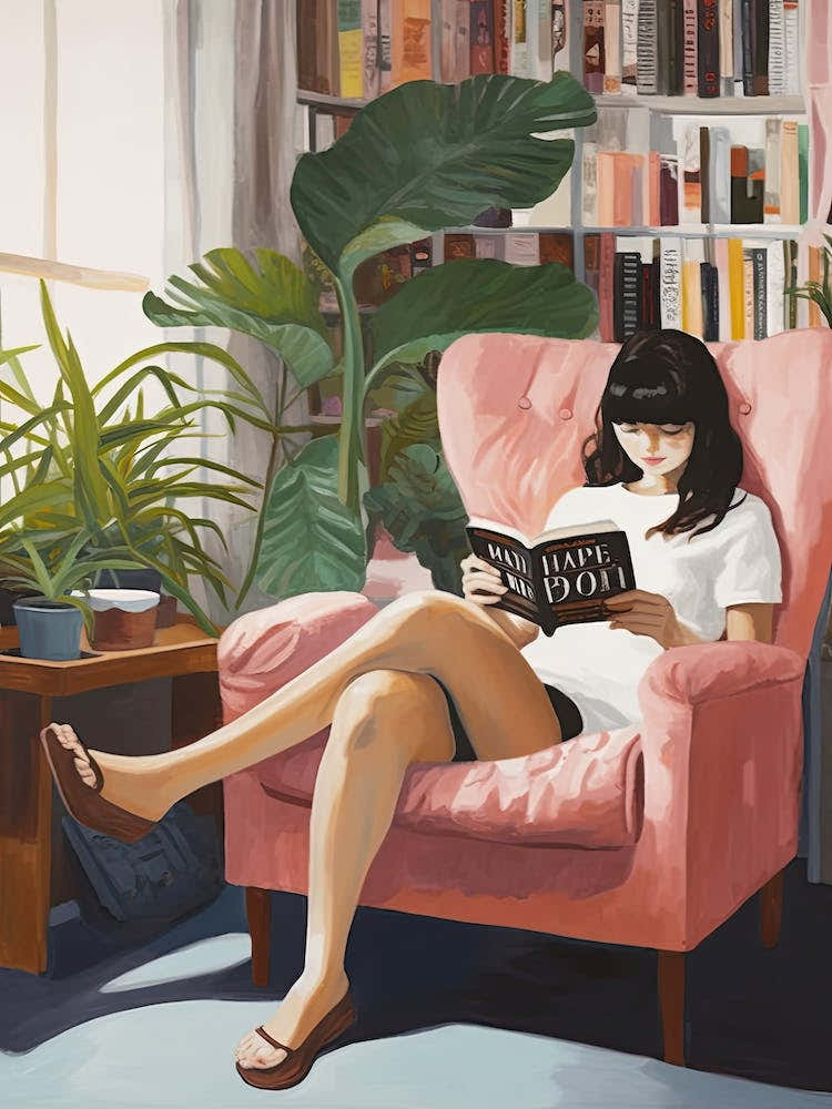 Girl Reading Books With Plants