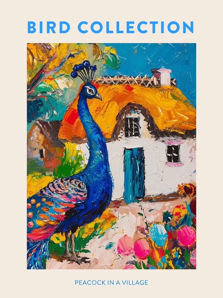Peacock By A Thatched Cottage Textured Painting 2 Poster